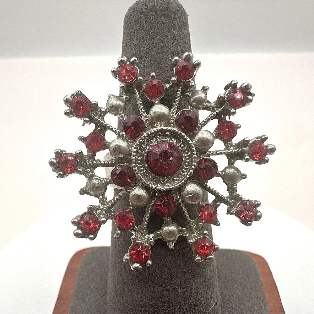 Vintage Y2K Silver Tone Snowflake Red Rhinestone Ring Women's Classic Jewelry‎